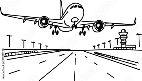Airplane Landing on Runway with Control Tower and Lights Black and White Line Art