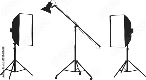 Professional Photography Studio Lighting Setup with Softboxes and Light Stands on Tripods for Video Production