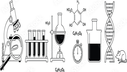 Scientific Research Laboratory Equipment Including Microscope Test Tubes and DNA Model for Chemistry and Biology Education