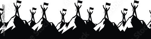 Silhouette Group of People Standing on Mountain Peak Holding Flags High Successful Team Victory Concept