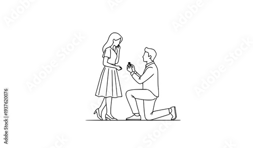 Elegant couple marriage proposal line art vector romantic engagement illustration isolated on white background