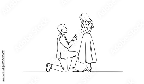 Romantic marriage proposal couple line art vector illustration minimalist Valentine love engagement scene isolated on white background