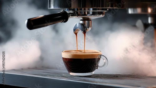 Wallpaper Mural Espresso machine dispensing freshly brewed coffee into a glass cup. Steam surrounds Torontodigital.ca