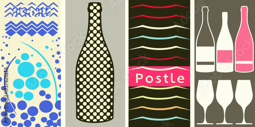 Colorful abstract geometric design featuring bottles and patterned backgrounds