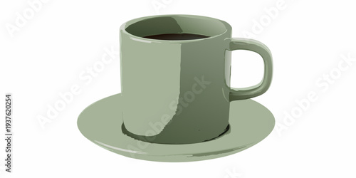 A pale green ceramic mug filled with a dark beverage on a saucer