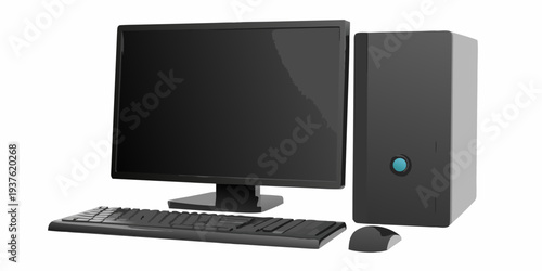 Illustration of a modern desktop computer setup with monitor tower and peripherals