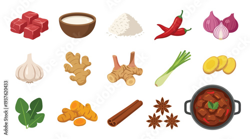 A vibrant collection of ingredients for a flavorful curry dish, including meat, spices, herbs, and aromatics, artfully arranged.