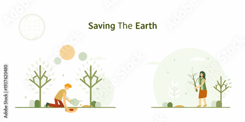 People planting trees to conserve the planet promoting environmental sustainability