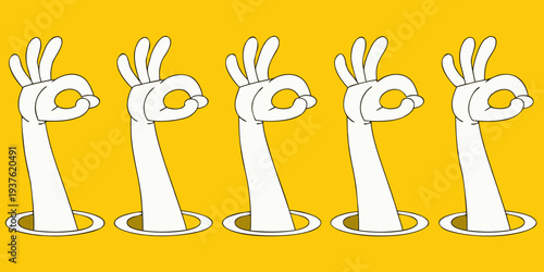 Five cartoon hands making the okay gesture on a yellow background