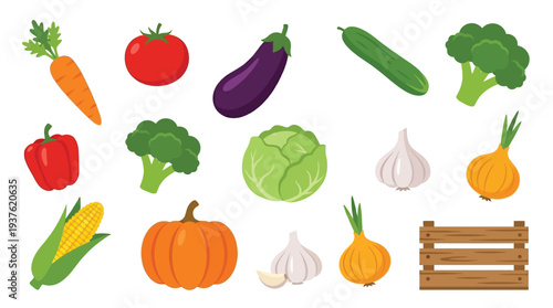 A vibrant collection of fresh vegetables and a wooden crate, showcasing a variety of healthy produce.