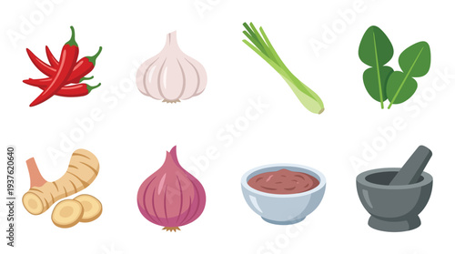 A vibrant collection of fresh Thai curry paste ingredients, including chilies, garlic, lemongrass, kaffir lime leaves, galangal, and onion, alongside a mortar and pestle.