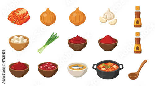 A vibrant illustration showcasing the essential ingredients and dishes of Korean cuisine, including kimchi, onions, garlic, and various sauces.