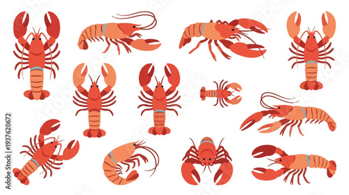 A vibrant collection of stylized illustrations of lobsters and crawfish in various poses and orientations, showcasing their distinctive red and orange exoskeletons and segmented bodies.