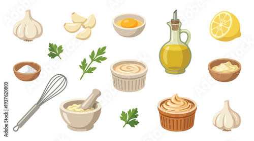 A collection of ingredients and tools for making mayonnaise, including garlic, lemon, eggs, oil, and a whisk.