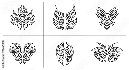 Set of six unique tribal-style animal face designs with intricate patterns and shapes on a clean white background.