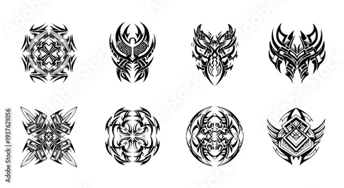 A collection of eight black and white tribal-style logos with various symmetrical designs on a clean white background.