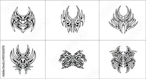 A collection of six unique, symmetrical, tribal-style monster face designs with sharp horns and feathers on a clean white background with a dark, mystical mood.