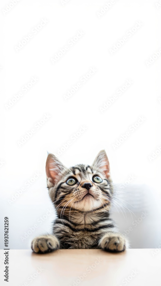 Fototapeta premium Adorable Young Tabby Kitten Peeking Over Wooden Surface With Striking Green Eyes
