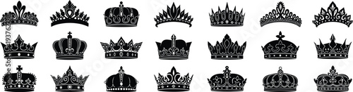 royal crown icon collection, king queen crown silhouettes set, monarchy symbols illustration, luxury heraldic crowns, royal emblem design