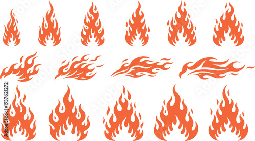 flame fire icon collection, burning blaze symbols set, hot fire shapes illustration, heat energy elements, fire design graphics