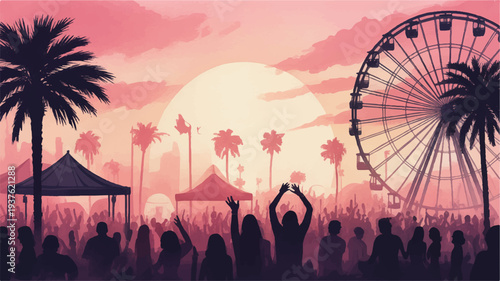 Silhouette of people dancing at pink sunset music festival with ferris wheel and palm trees