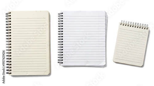 Konstfotografi close-up of a lined notebook with a spiral binding and a slightly aged paper texture, isolated on a white background, perfect for note-taking and creative journaling