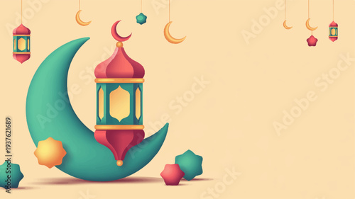 Vibrant crescent moon with colorful lantern and festive decorations for ramadan celebration