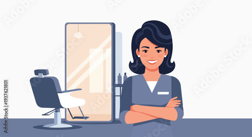 Professional cosmetologist smiling confidently in a beauty salon with a styling chair and mirror in the background