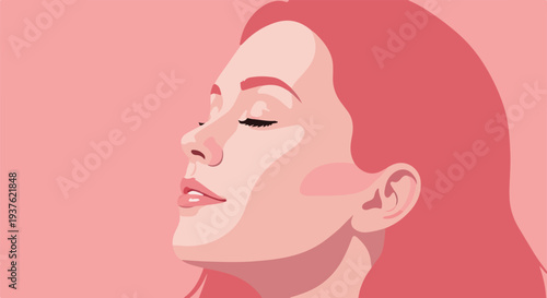 Serene profile portrait of a woman with closed eyes and flowing pink hair, capturing a moment of peaceful contemplation and quiet relaxation against a soft, monochromatic background