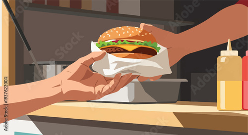 Close-up of a hand receiving a delicious hamburger from a food truck vendor, with condiments in the background