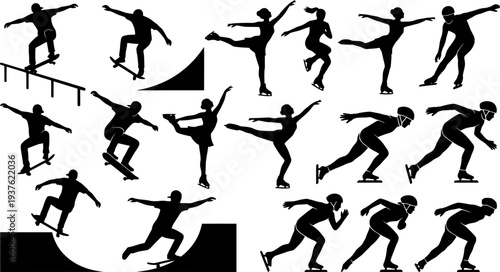 Roller Skating Silhouettes, Inline Skating Moves, Speed Skating Poses, Skaters in Action, Roller Dance Silhouettes, Skating Tricks
