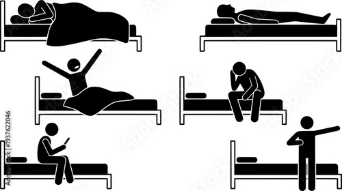 Set of man and woman on bed waking up silhouette vector
