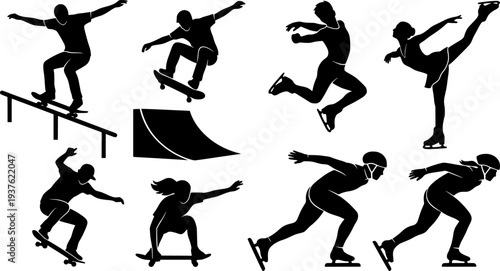 Roller Skating Silhouettes, Inline Skating Moves, Speed Skating Poses, Skaters in Action, Roller Dance Silhouettes, Skating Tricks
