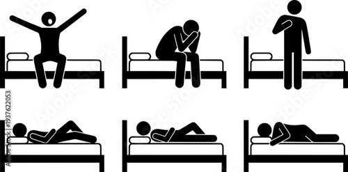 Set of man and woman on bed waking up silhouette vector
