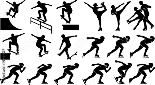 Roller Skating Silhouettes, Inline Skating Moves, Speed Skating Poses, Skaters in Action, Roller Dance Silhouettes, Skating Tricks
