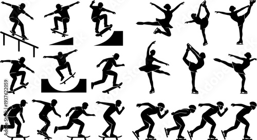 Roller Skating Silhouettes, Inline Skating Moves, Speed Skating Poses, Skaters in Action, Roller Dance Silhouettes, Skating Tricks
