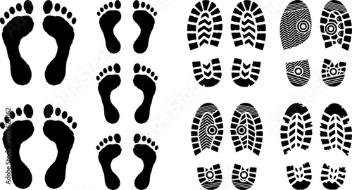 Footprint icon. Human barefoot or shoes footsteps. Foot track silhouettes. Boot and sneaker sole prints. Footwear trail shapes. Leg traces collection. Feet imprint. Vector symbol set