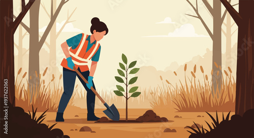 A dedicated woman actively engages in environmental conservation by planting a young sapling, contributing to reforestation efforts and a greener future