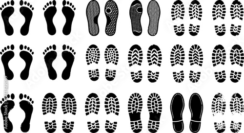 Footprint icon. Human barefoot or shoes footsteps. Foot track silhouettes. Boot and sneaker sole prints. Footwear trail shapes. Leg traces collection. Feet imprint. Vector symbol set