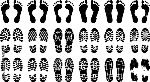Footprint icon. Human barefoot or shoes footsteps. Foot track silhouettes. Boot and sneaker sole prints. Footwear trail shapes. Leg traces collection. Feet imprint. Vector symbol set