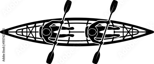 Kayak and paddle icon. Black outline linear silhouette. Editable strokes. Top front view. Vector simple flat graphic illustration. Isolated object on white background