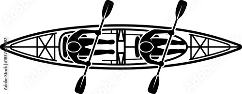 Kayak and paddle icon. Black outline linear silhouette. Editable strokes. Top front view. Vector simple flat graphic illustration. Isolated object on white background