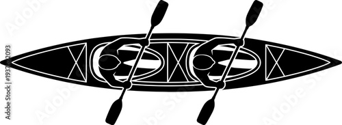 Kayak and paddle icon. Black outline linear silhouette. Editable strokes. Top front view. Vector simple flat graphic illustration. Isolated object on white background