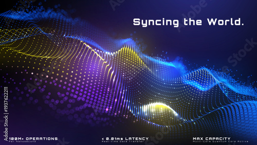 Abstract futuristic technology background with glowing blue data wave. Syncing the world concept banner with 3D quantum computing particle network flow. Vector illustration.