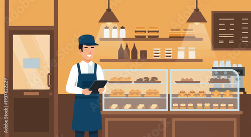 A smiling baker wearing an apron and cap, holding a tablet, stands in a bakery with a display case full of pastries and baked goods