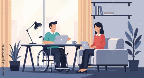Inclusive Remote Work Environment A Man in a Wheelchair and a Woman Collaborating Effectively on Laptops from the Comfort of their Modern Home Office