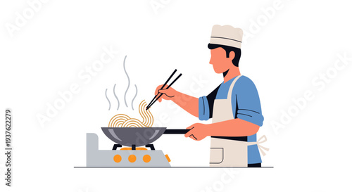 Chef Cooking with Chopsticks in Kitchen.