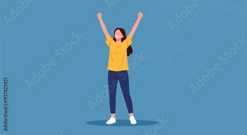 Young woman with arms raised in celebration against a plain blue background, embodying joy and achievement