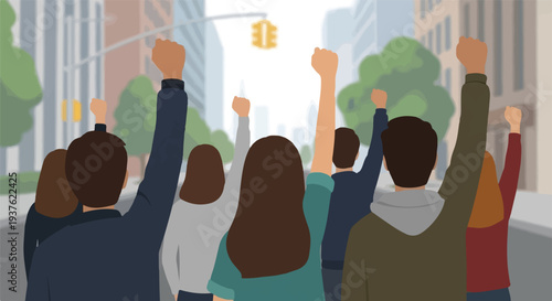 A united assembly of people stand with fists raised, symbolizing collective strength and a shared demand for change and justice in an urban environment
