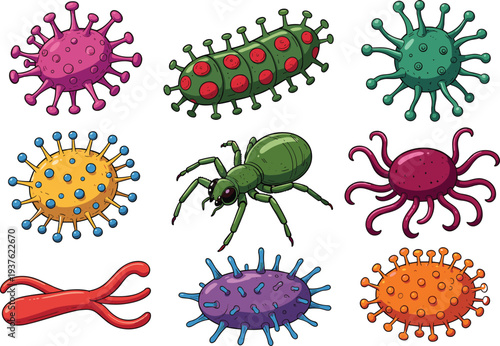 Cartoon microorganisms and spider illustration with colorful germs, bacteria, and viruses, fun educational microbiology artwork for science teaching, health awareness, 